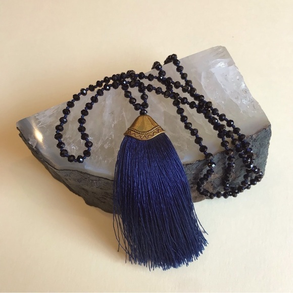 Hand Knotted Tassel Necklace in Black, Blue & Brass, 34”, Great Condition - Picture 10 of 10